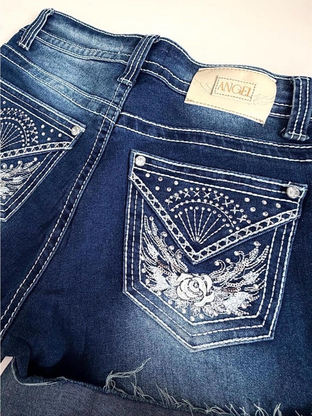 Womens Shorts Size 5 Denim Blue Jean Cuffed Y2K Cut Off High Rise Embellished